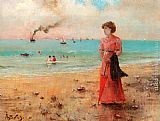 Jeune femme a l'ombrelle rouge au bord de la mer by Alfred Stevens